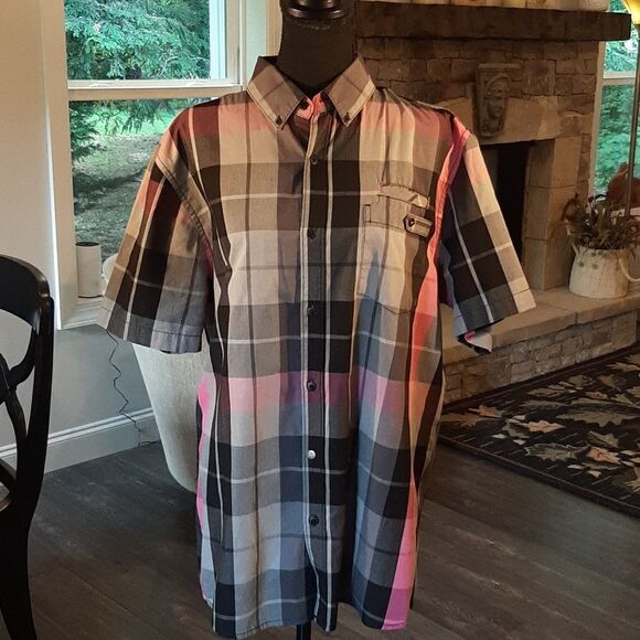 Amplify Gray Pink and Black Plaid Button Down Short Sleeve Shirt - Picture 1 of 12